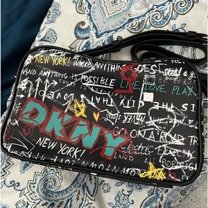 DKNY Erin Camera Crossbody Bag Black Leather Graffiti Shoulder Purse
